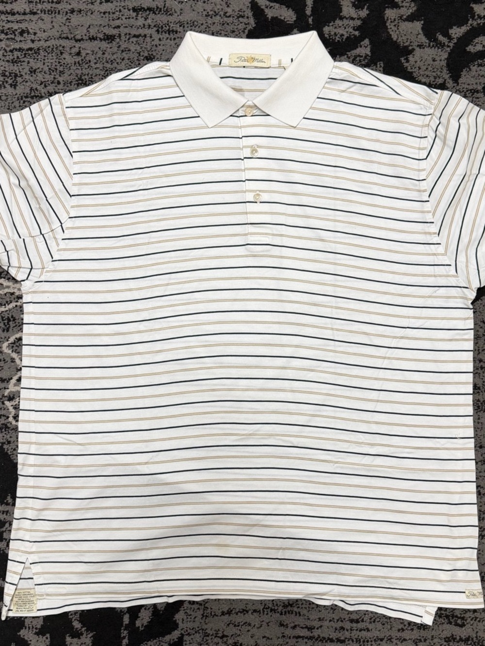Peter Millar White Polo with Navy and Tan Stripe Detail